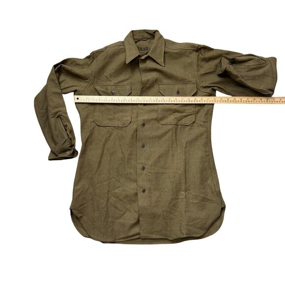 WWII Vtg Wool Shirt US Military Olive Drab Khaki Button Placket Sz 15/32 READ - Picture 11 of 16